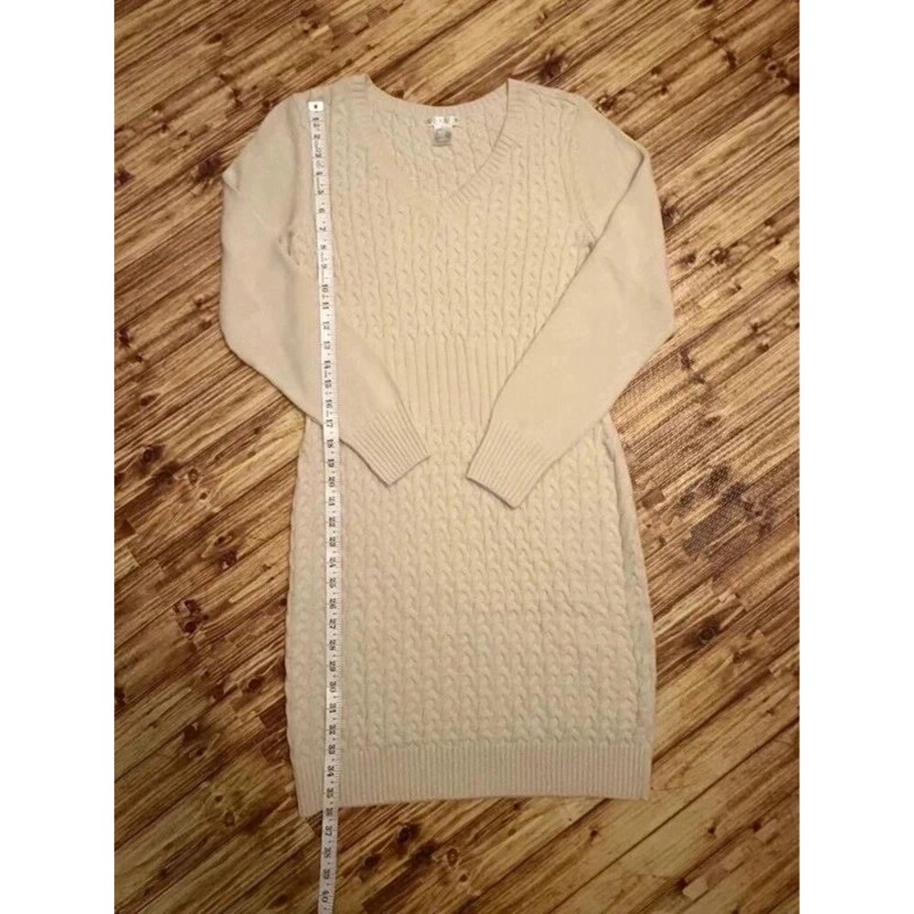 Cream Cable Knit Long Sleeve V-Neck Sweater Dress